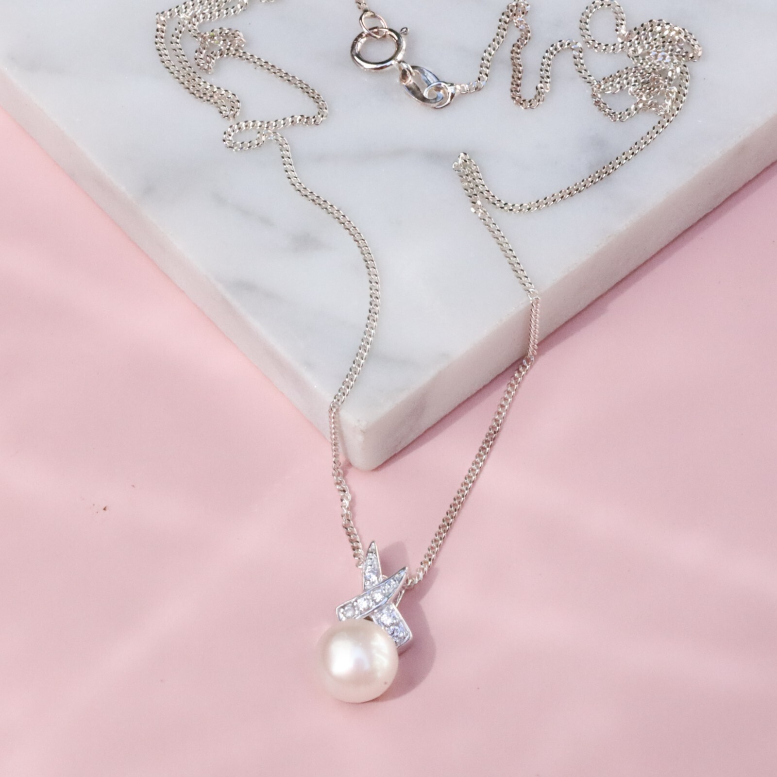 Fresh water Pearl 925 Sterling Silver Pendent female Necklace CZ Italian Chain