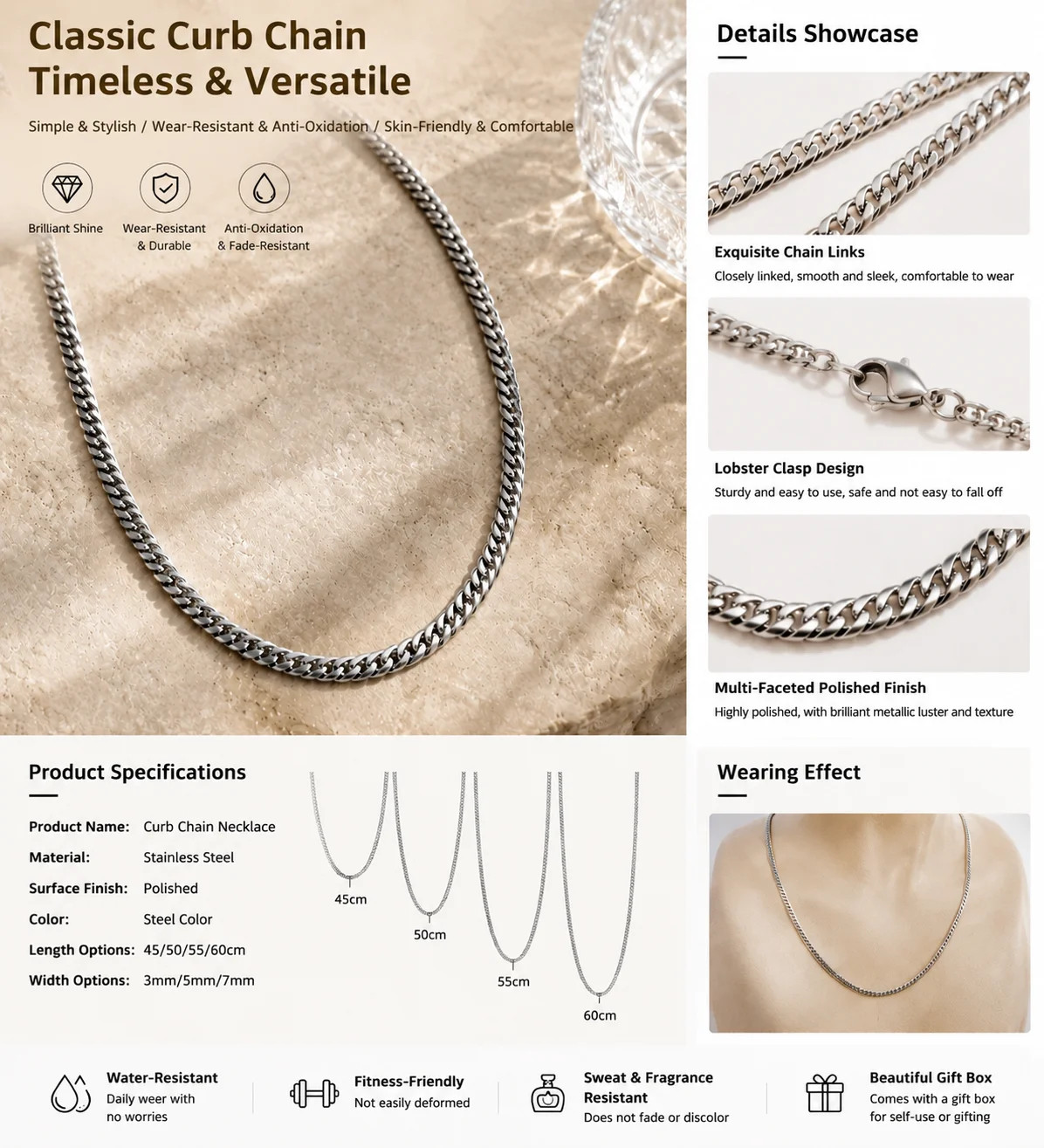 316L Stainless Steel Popcorn Chain for Men, 58cm Non-Tarnish Coreana Link Neckla