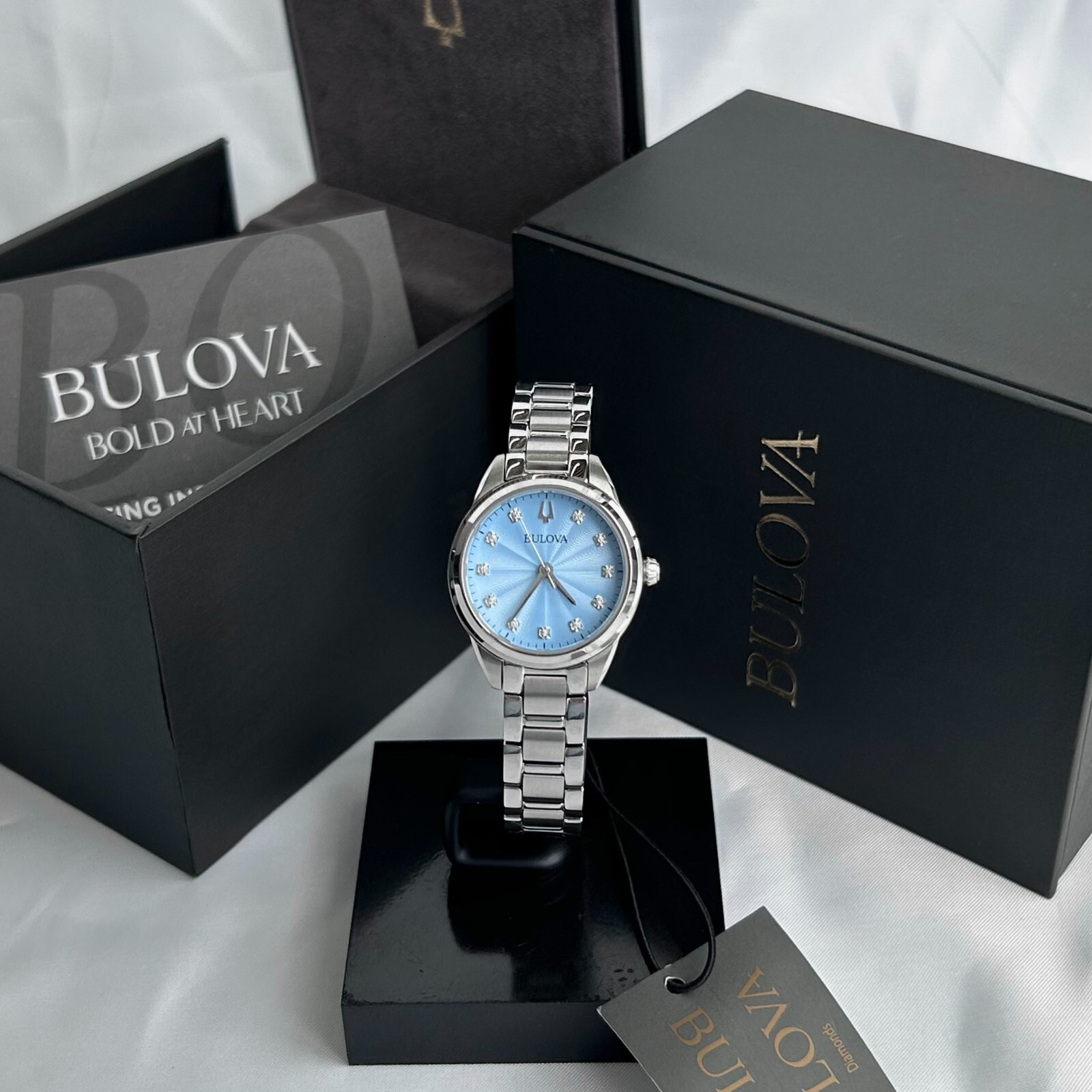 Bulova Sutton Diamond Blue Dial 96P250 Women’s 28mm Quartz Watch-New w/box
