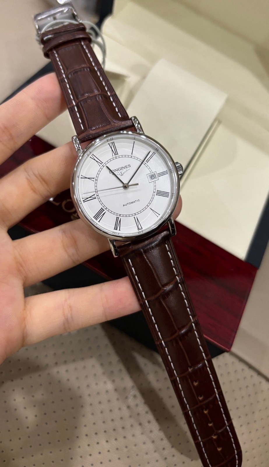 Longines Presence Automatic 39mm White Dial Brown Leather Men’s Watch Real Photo
