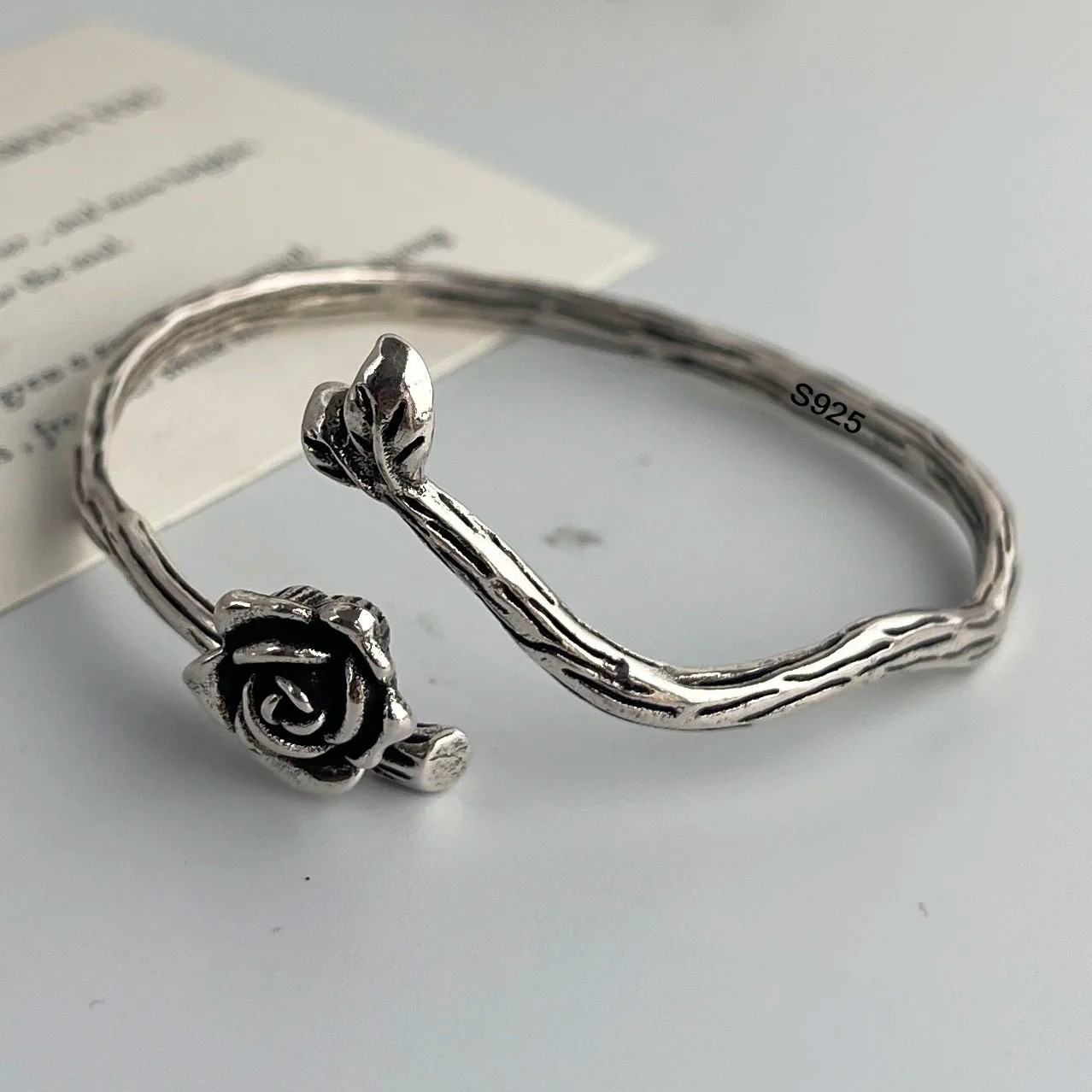 Vintage Flower Retro Rose Cuff Bangle Set Sterling Silver Women Jewelle Bracelet