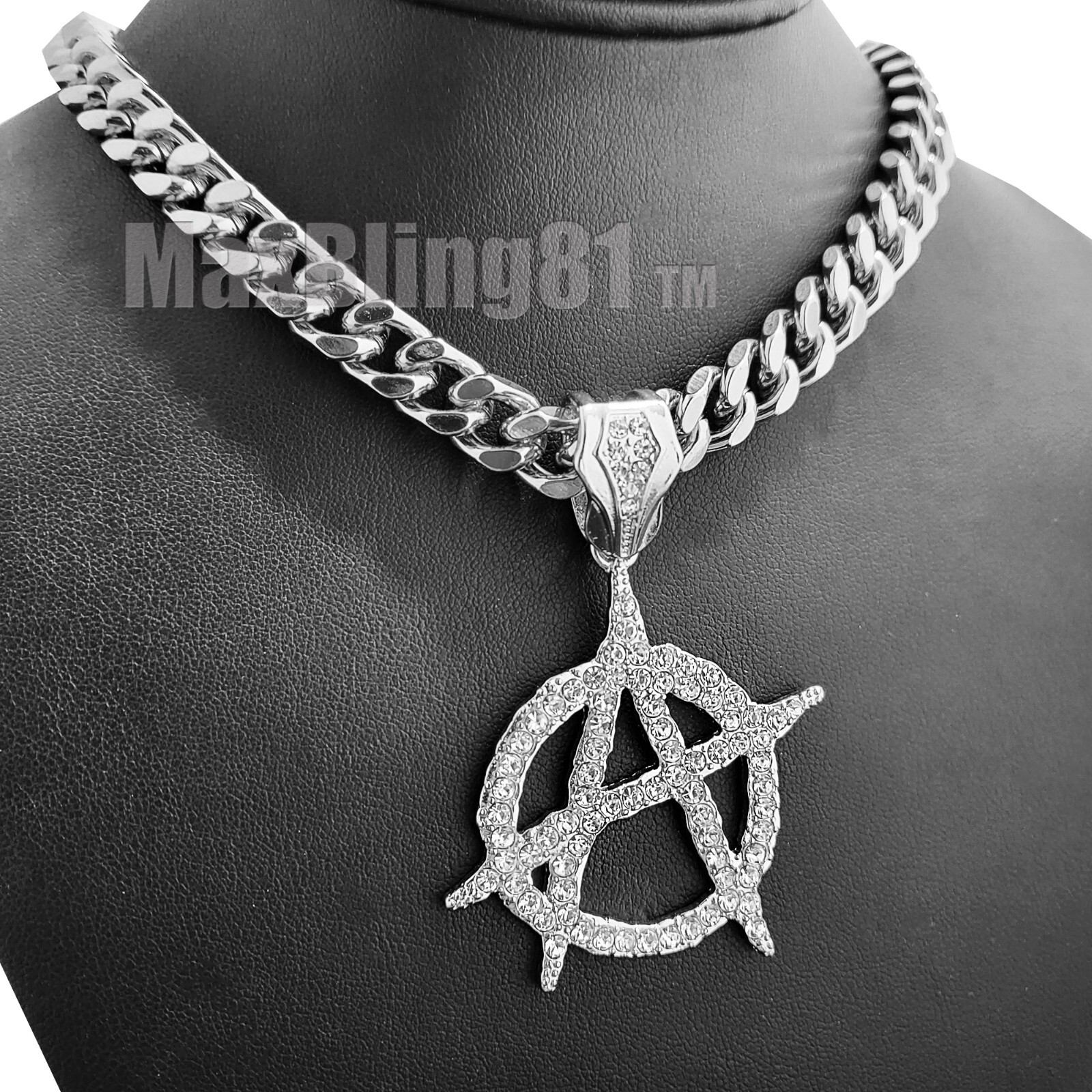 Hip Hop Iced Silver Plated Alloy Cubic Zirconia Anarchy & Cuban Chain Necklace