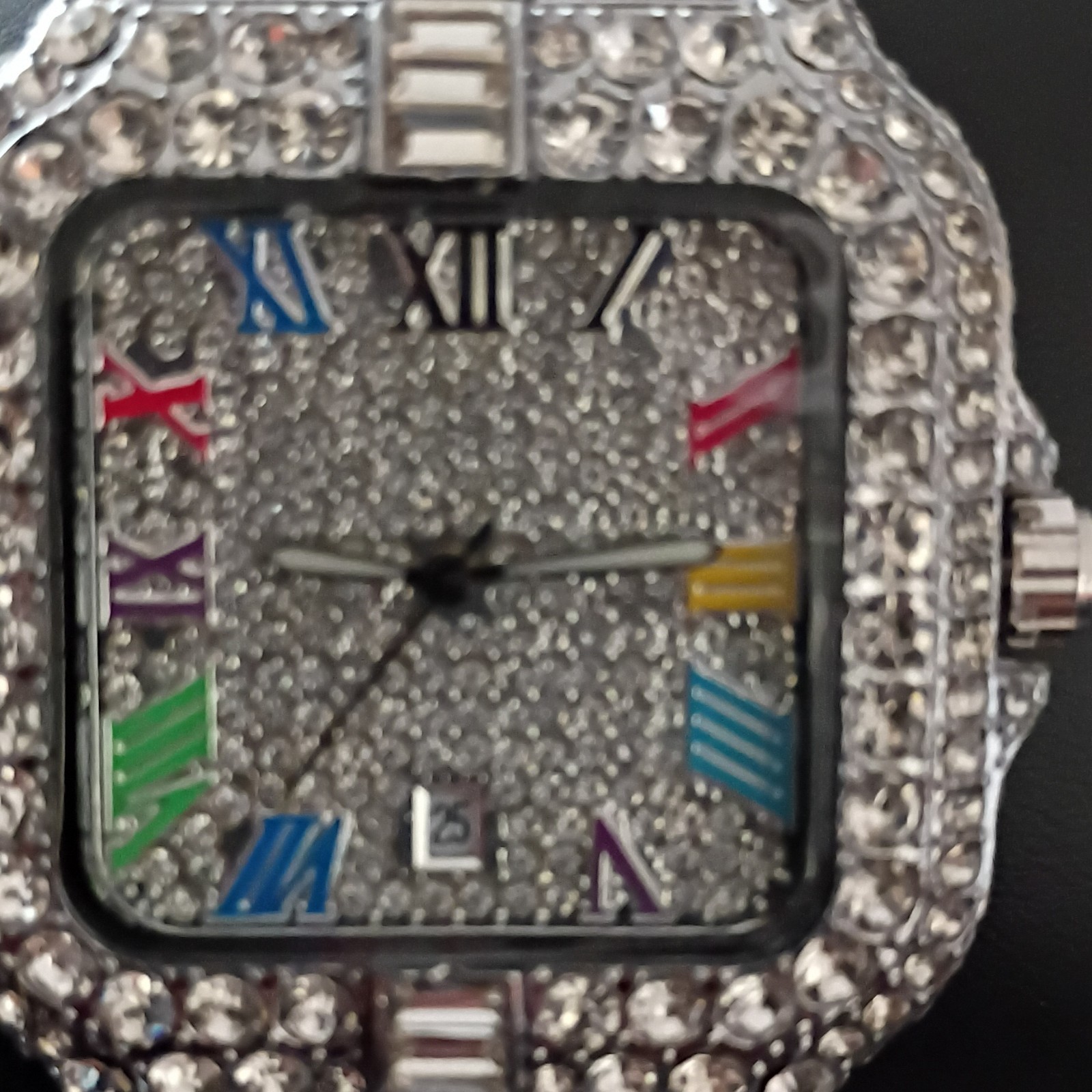 Silver Tone Iced-Out Square Analog Wristwatch Date Roman Numeral Dial