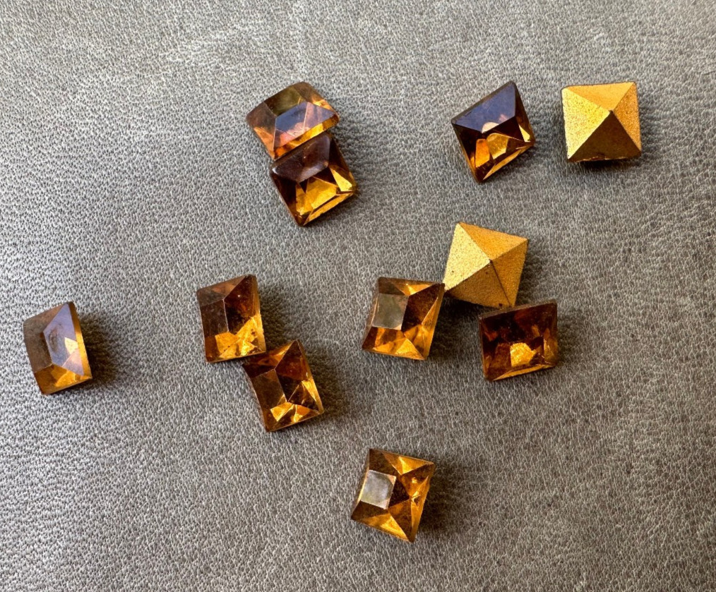 Vintage amber square faceted rhinestone gold foil backed Lot of 11
