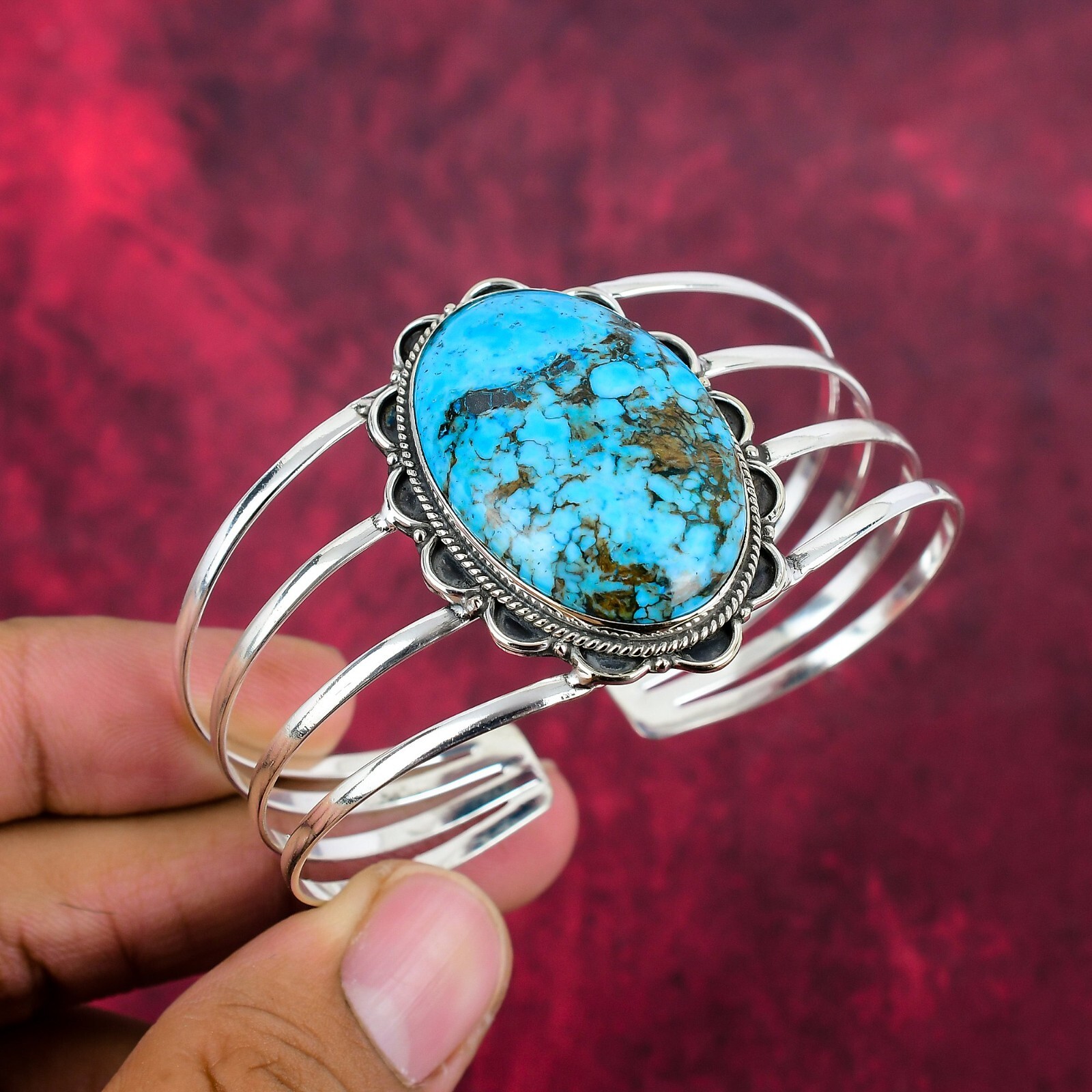 Blue Turquoise Gemstone Handmade 925 Sterling Silver Adjustable Bangle Jewelry