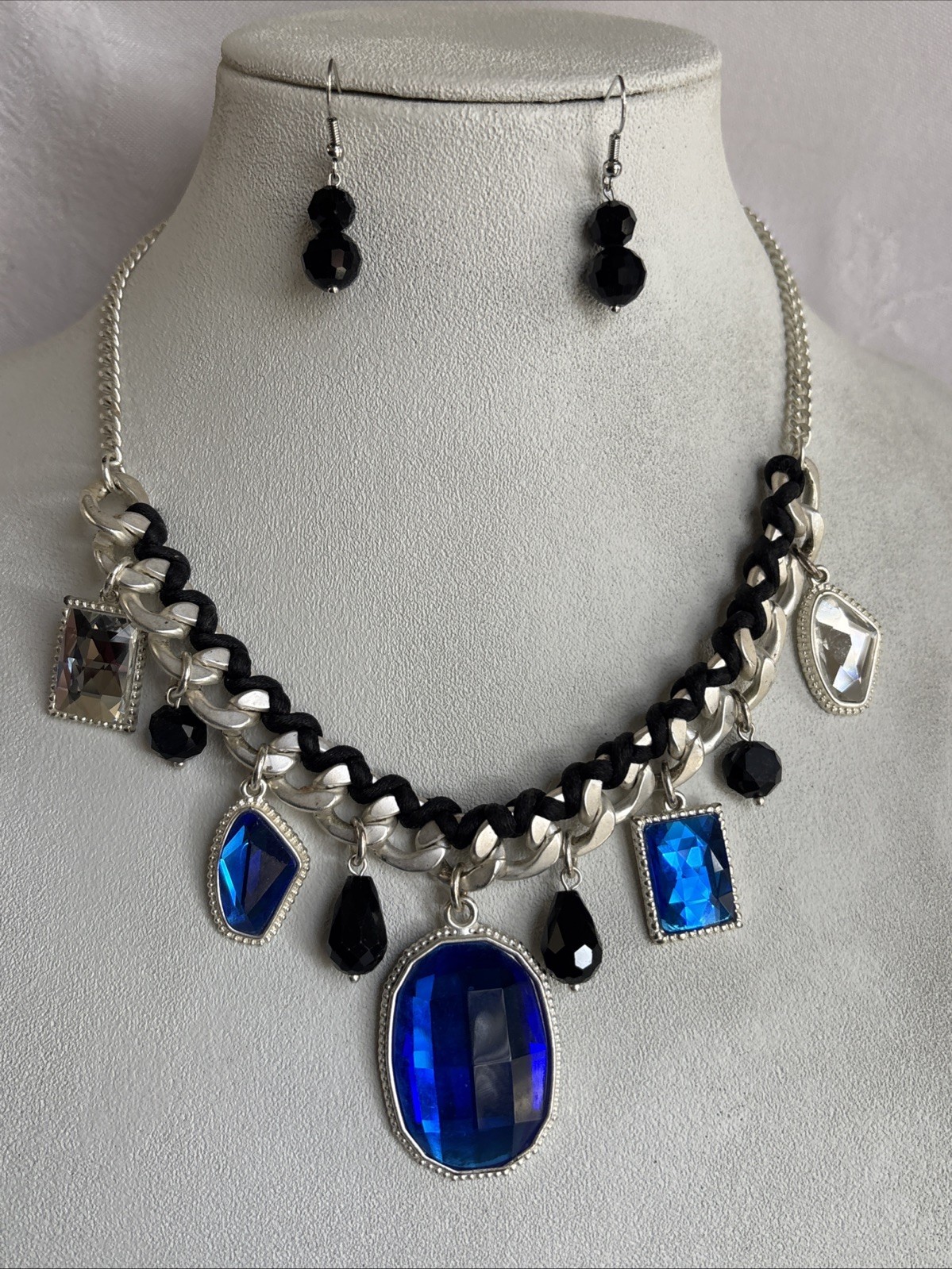Park Lane Fascinated Necklace Satin Brushed Silver Tone Blue Black & Bns Earring