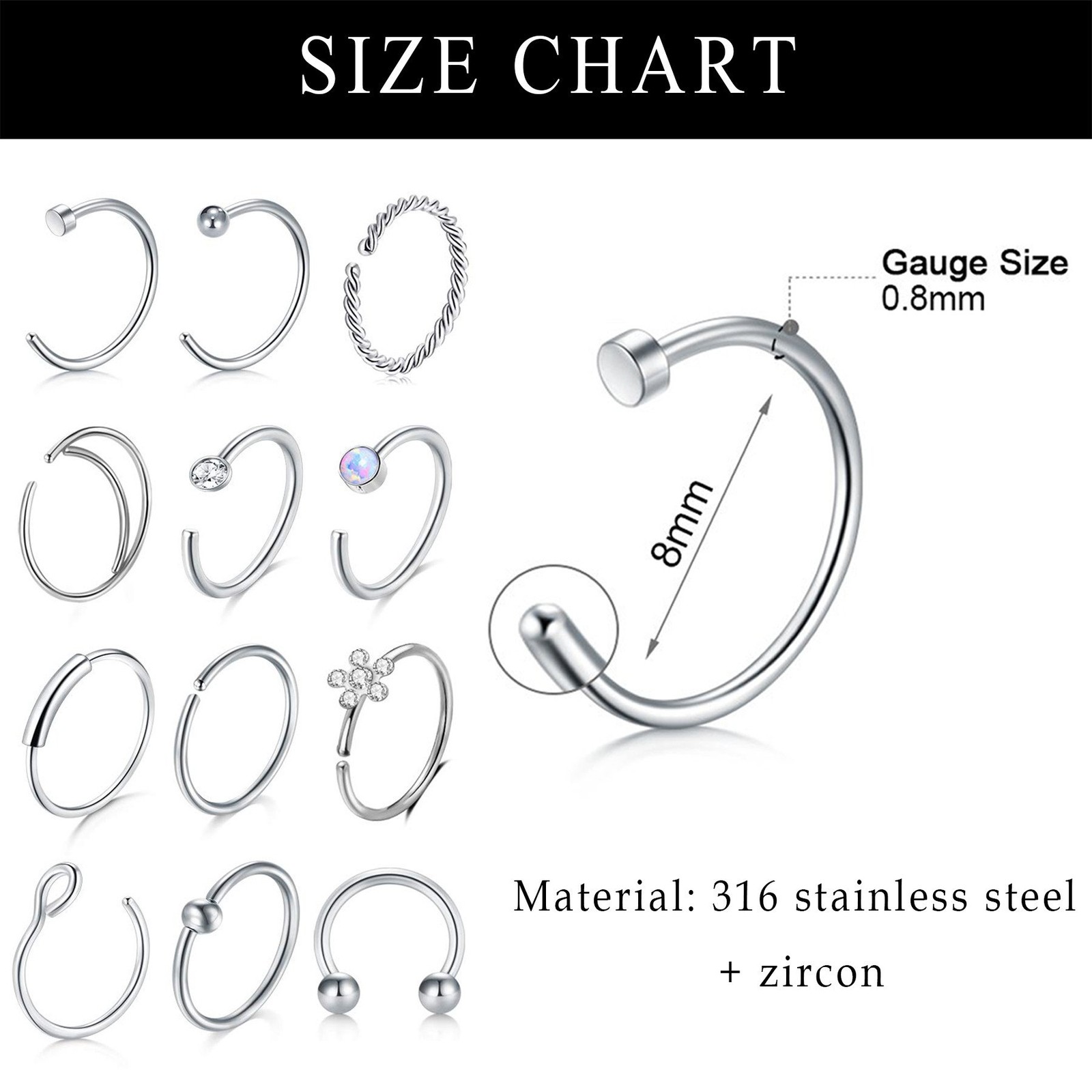 33-36PCS Stainless Steel CZ Nose Stud Nose Hoop Rings Stud Hoop Piercing Jewelry