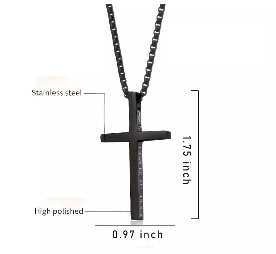 Men Women Cross Necklace Stainless Steel Christian STRENGTH Pendant Chain 24″