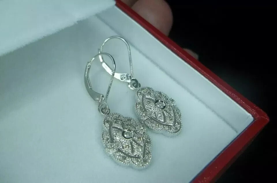 Art Deco 2Ct Round Cut Simulated Diamond Dangle Earrings 14k White Gold Plated