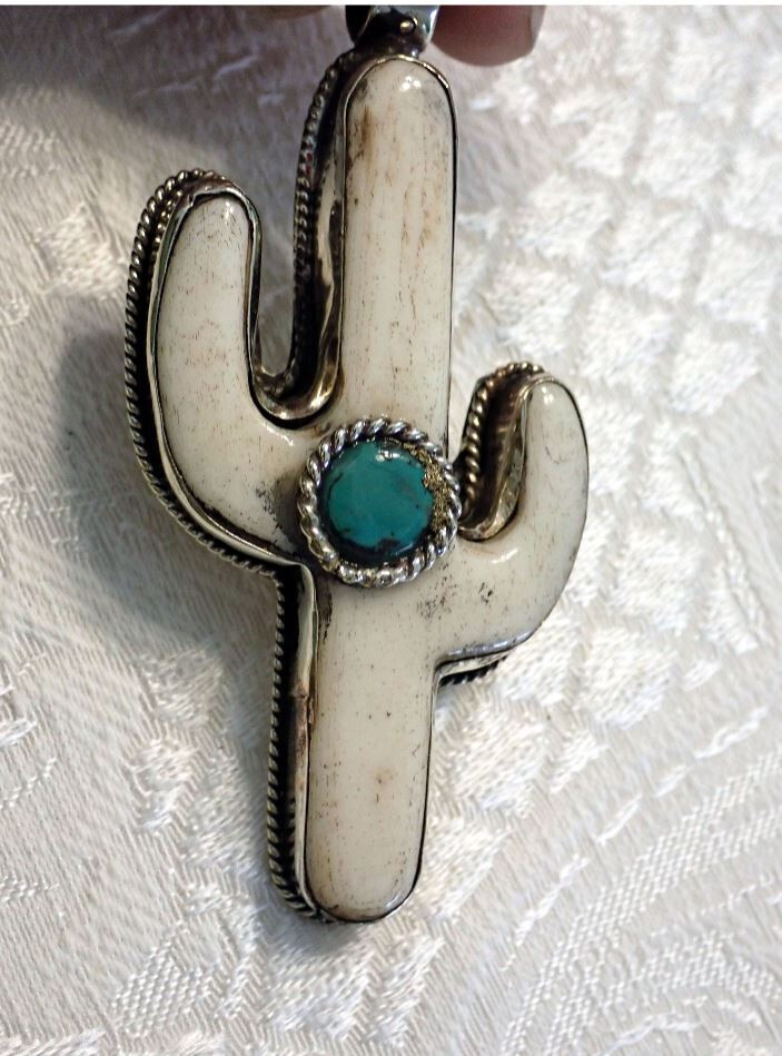 Big saguaro Cactus Pendant with Turquoise cab in Tibetan silver 2 3/8 in
