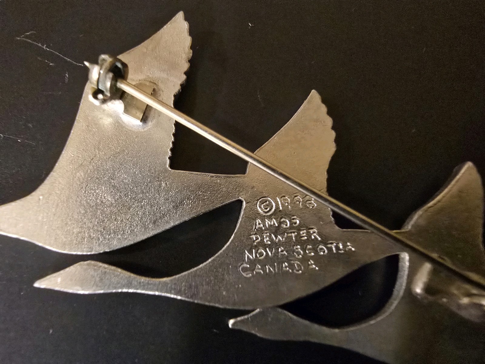 Vintage Jewelry Signed Three Geese Pin Brooch Amos Pewter 1998 2 3/4″ long