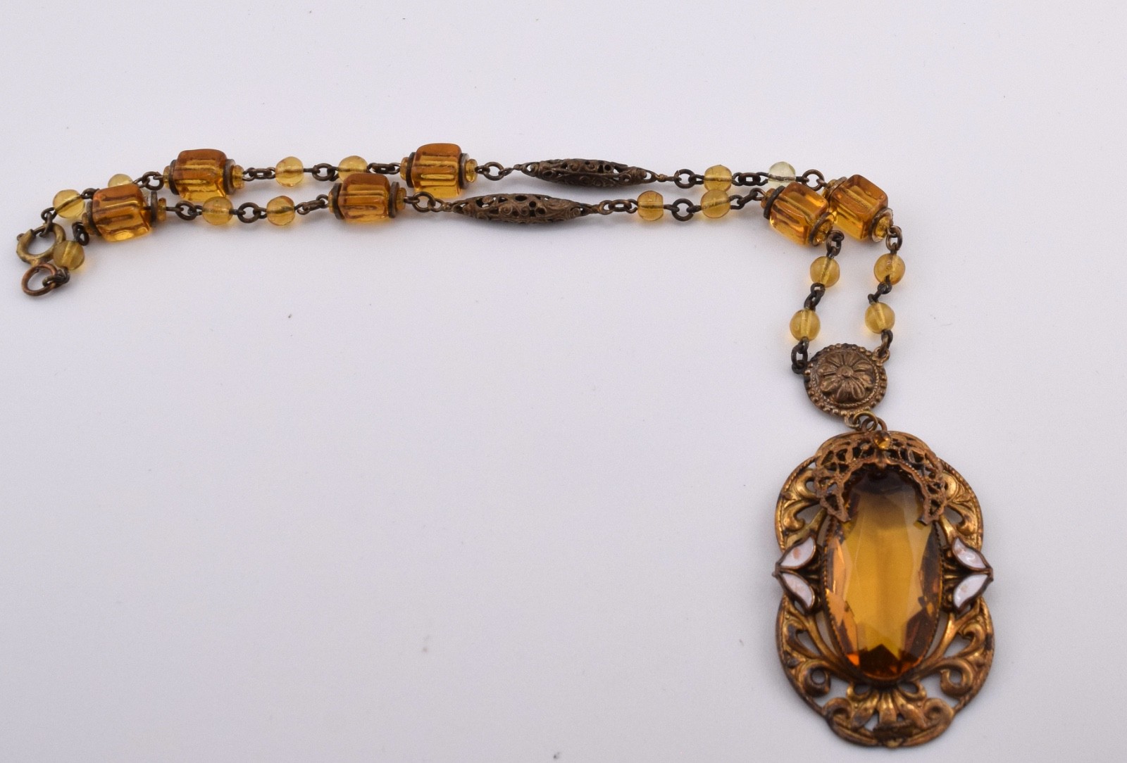 Antique Czech Necklace / Choker with Amber Colored Glass and White Enamel Accent