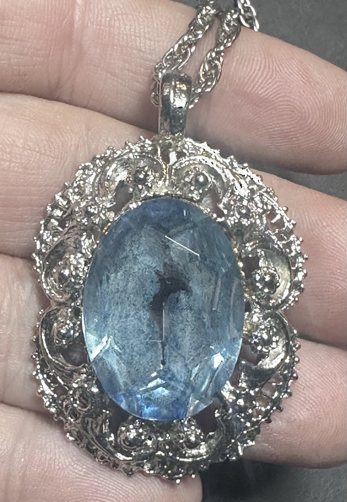 Vintage Silver Foil Back Aquamarine Rhinestone Pendant Rope 24” Chain Necklace