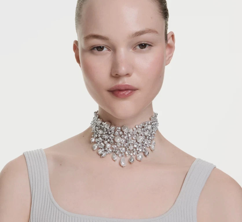 Constella Swarovski choker Crystal pearl, Round cut, White, Rhodium plated