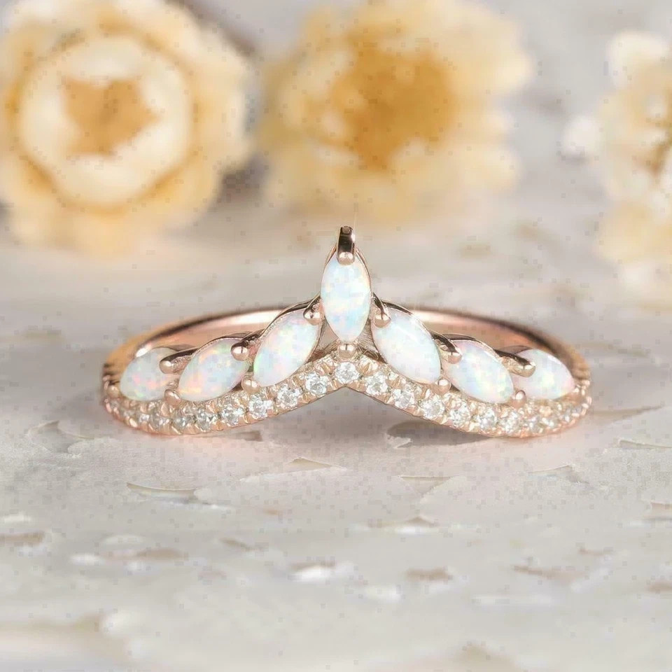 Marquise Cut Simulated Fire Opal Flower Wedding Ring In 14K Rose Gold Plated