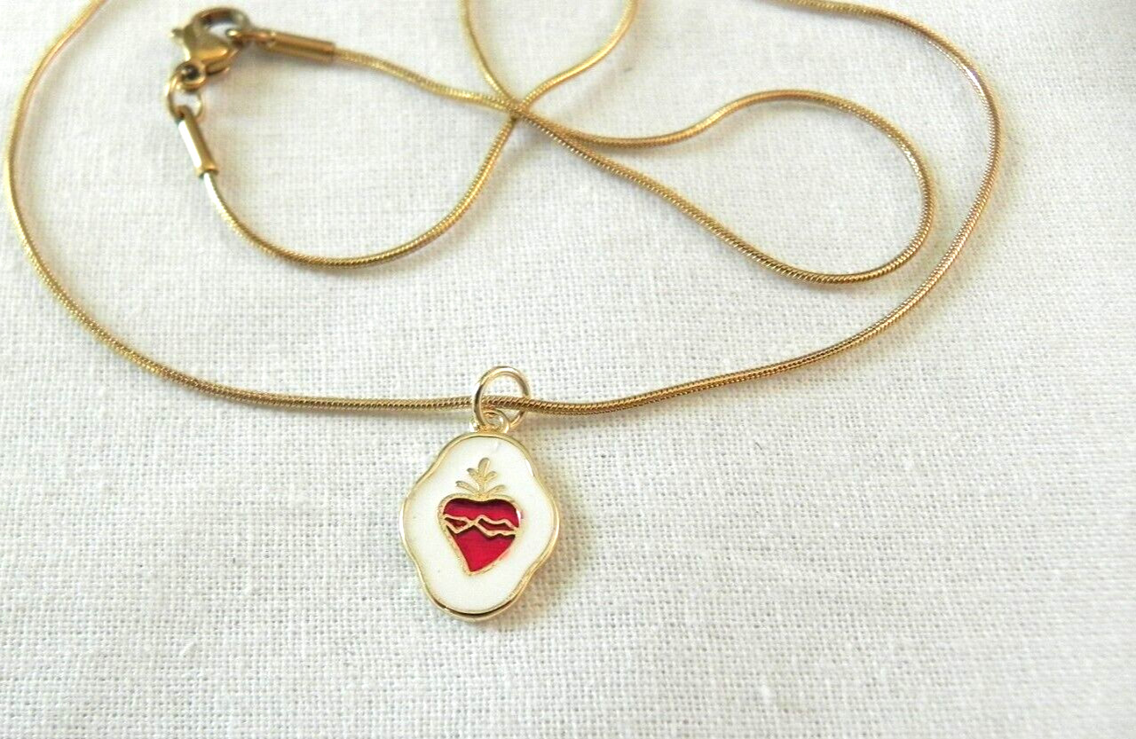 Sacred Heart of Jesus enamel pendant necklace Small medal charm gold tone