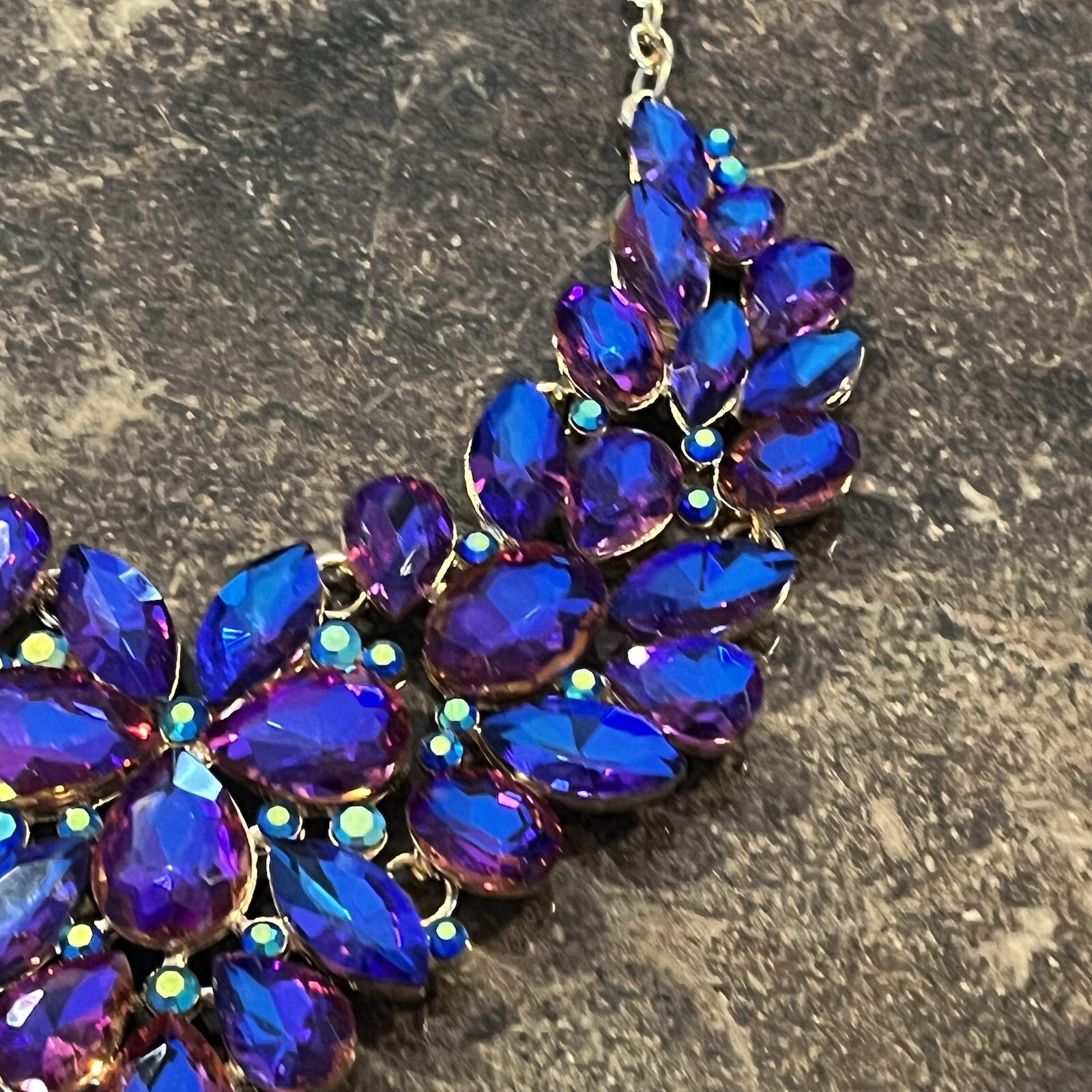 Necklace Iridescent Purple Blue Glass Rhinestone A/B 16” Foil Back STATEMENT
