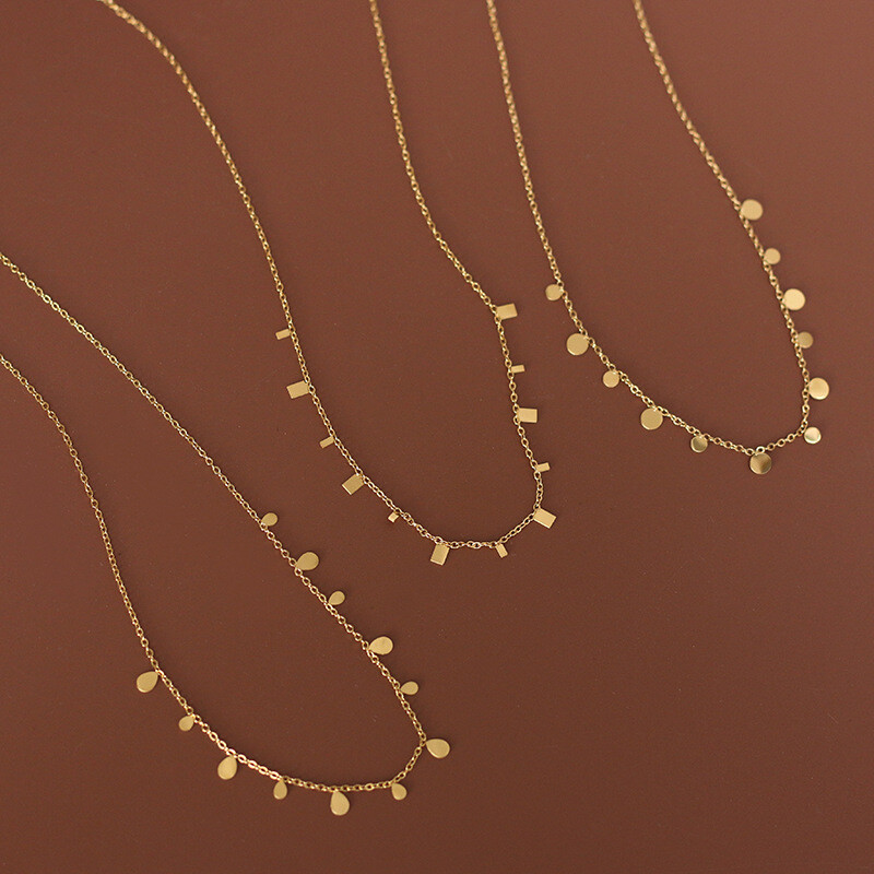 Woman 18K Gold Plate Stainless Steel Round Disc/Oval/Square Charm Chain Necklace