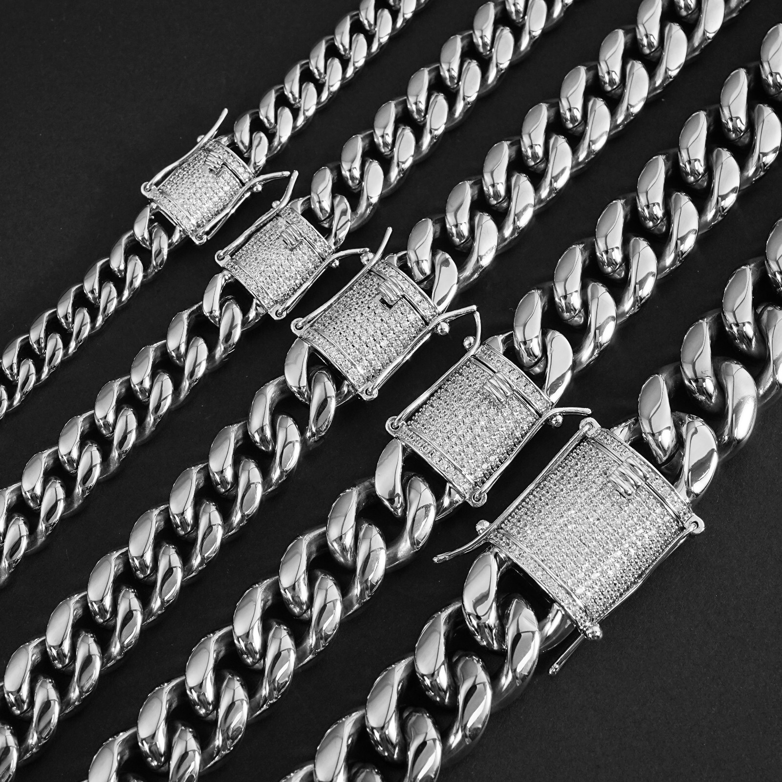 White Gold Plated Stainless Steel Miami Cuban Link Bracelet Chain With CZ Clasp