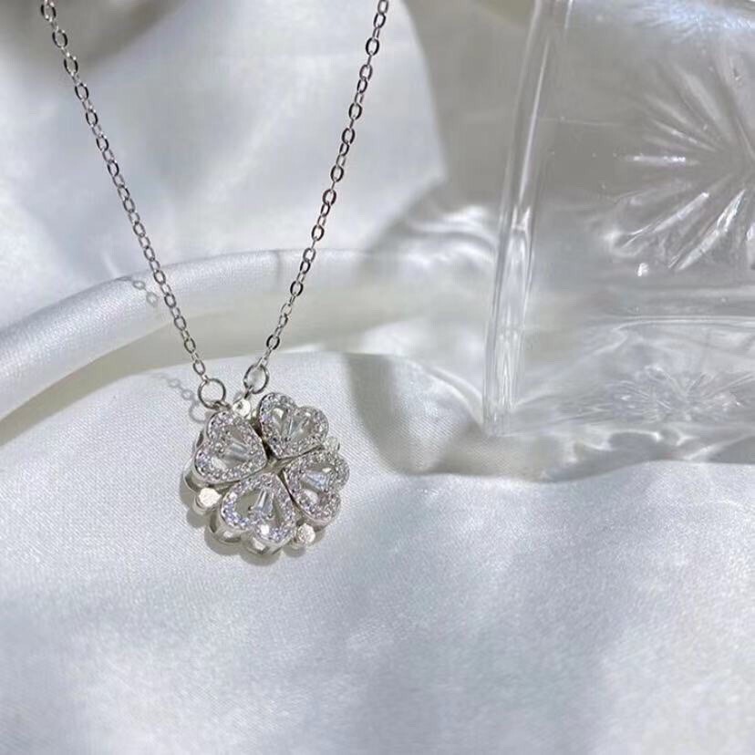 Fashion 925 Sterling Silver Love Heart Shaped Clover Magnetic Pendant Necklace
