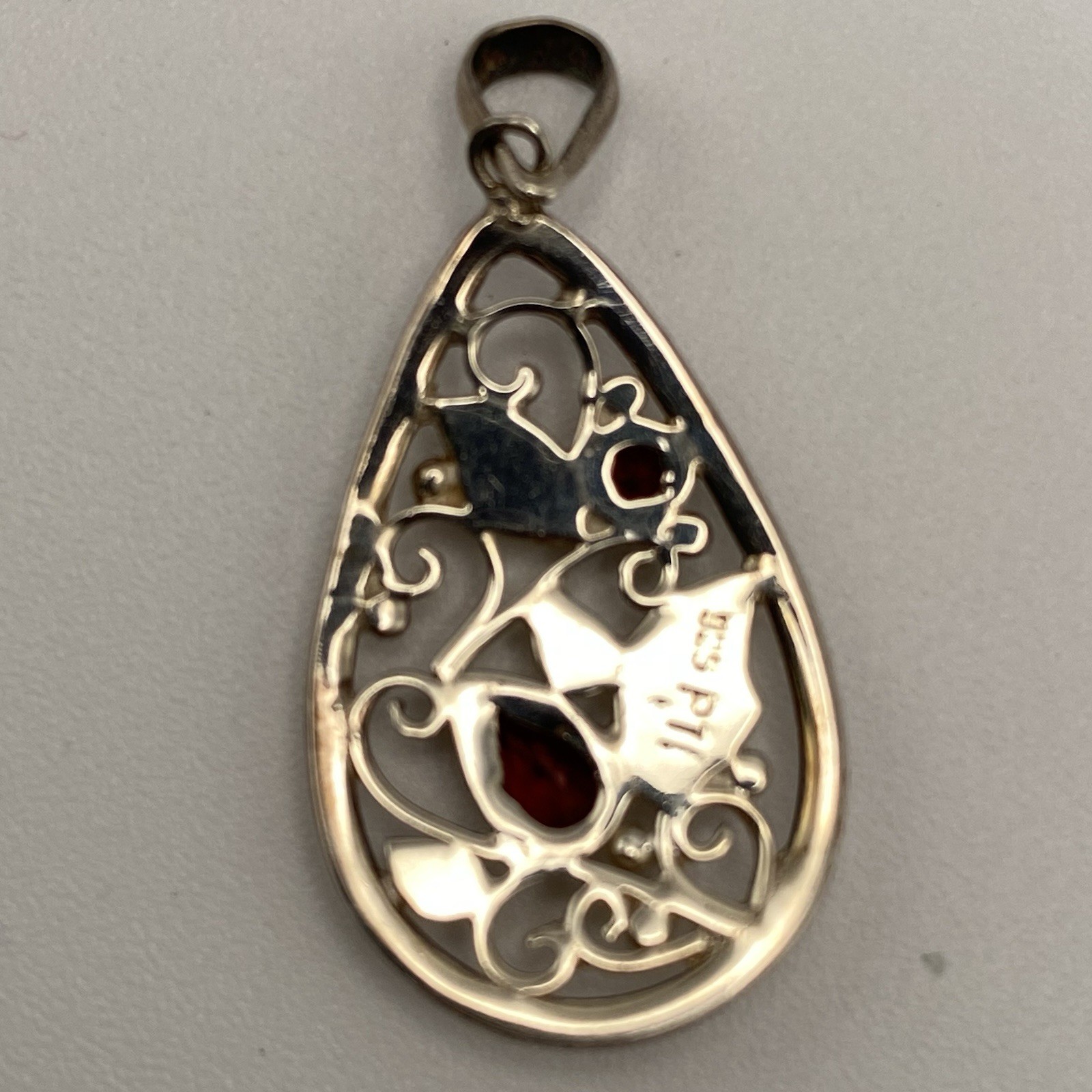 PTI 925 Sterling Silver Pendant Vintage Nepal Garnet Gemstone Filigree Bezel