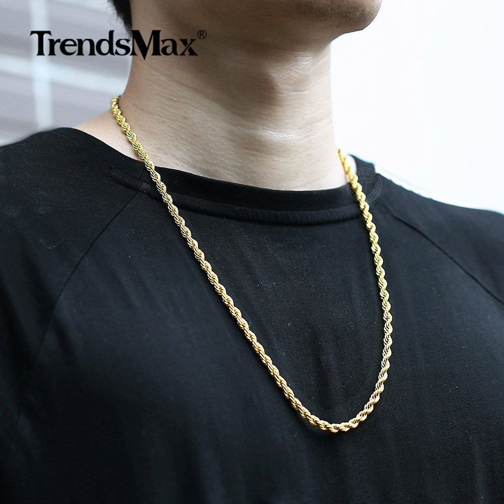 3-7MM Gold Plated Stainless Steel Diamond Cut Twisted Rope Chain Necklace 16-30″