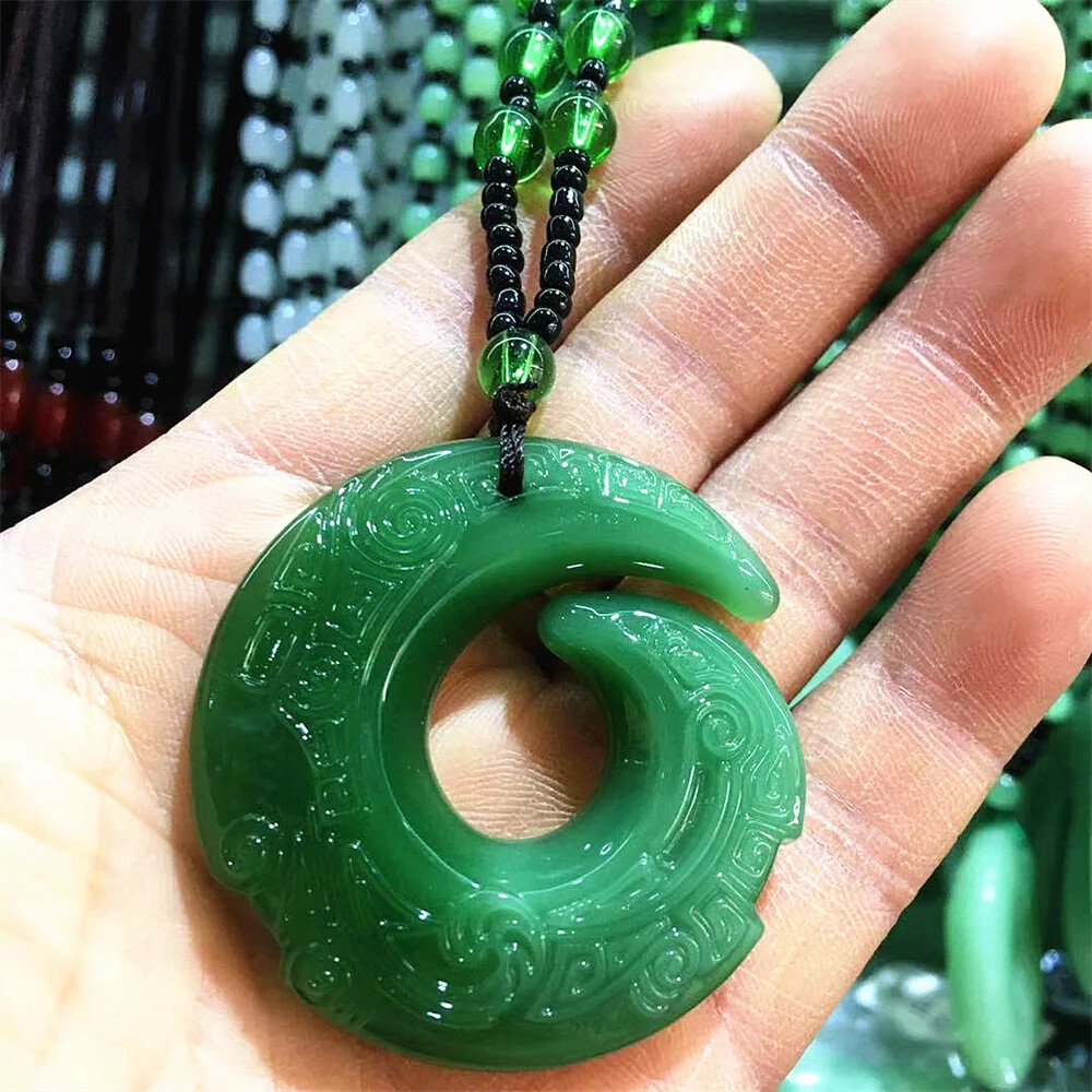 Green Jade Chinese Hand-Carved Dragon Jade Pendant Vintage Amulet Necklace