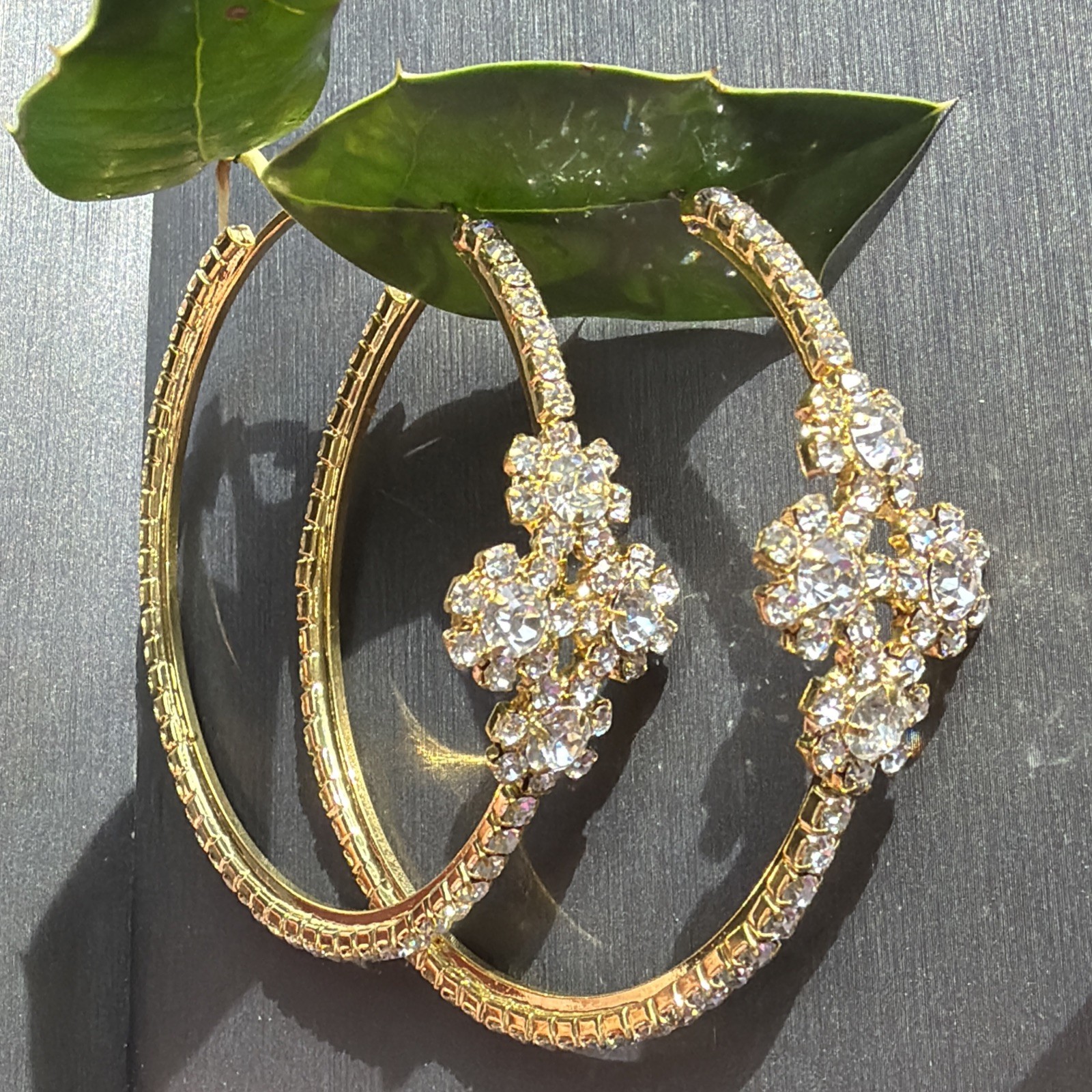 Gold Tone Rhinestone Hoop Earrings Large Statement Floral Cluster 2.5” Glam