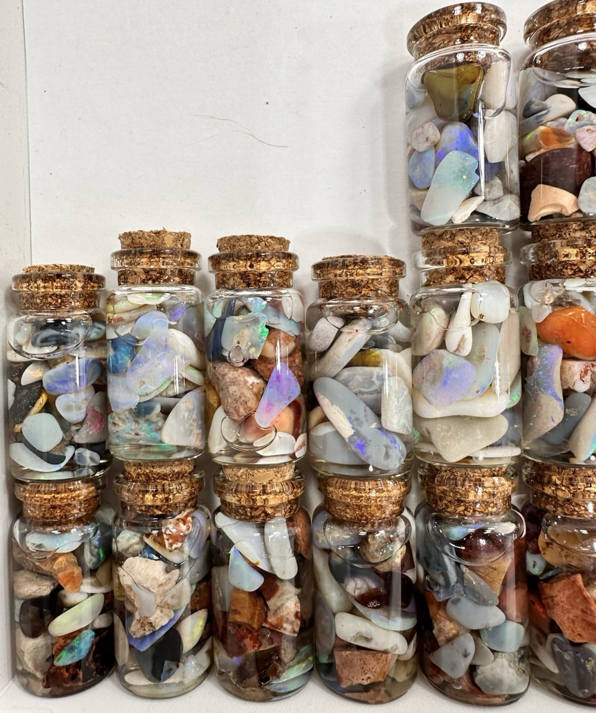 40 ct Premium Australian Coober Pedy Rough/Rubs Opals in Glass Bottles