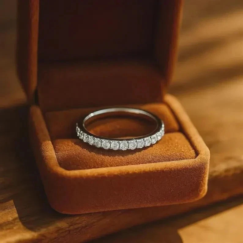 Round Cut Moissanite Ring Solid 925 Sterling Silver Half Eternity Wedding Band
