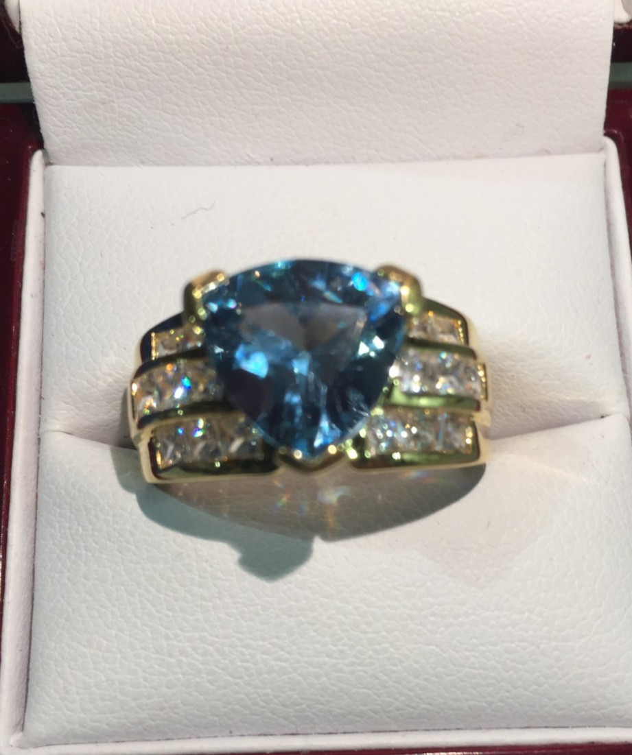 Vtg 925 Sterling Silver Gold Plated Aquamarine/Topaz Ring W/ CZ Canada Size 9!