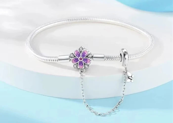 2 PANGAMA SILVER BRACELET PURPLE FLORAL CHARM WITH SAFETY CHAIN + EXTENSION NEW