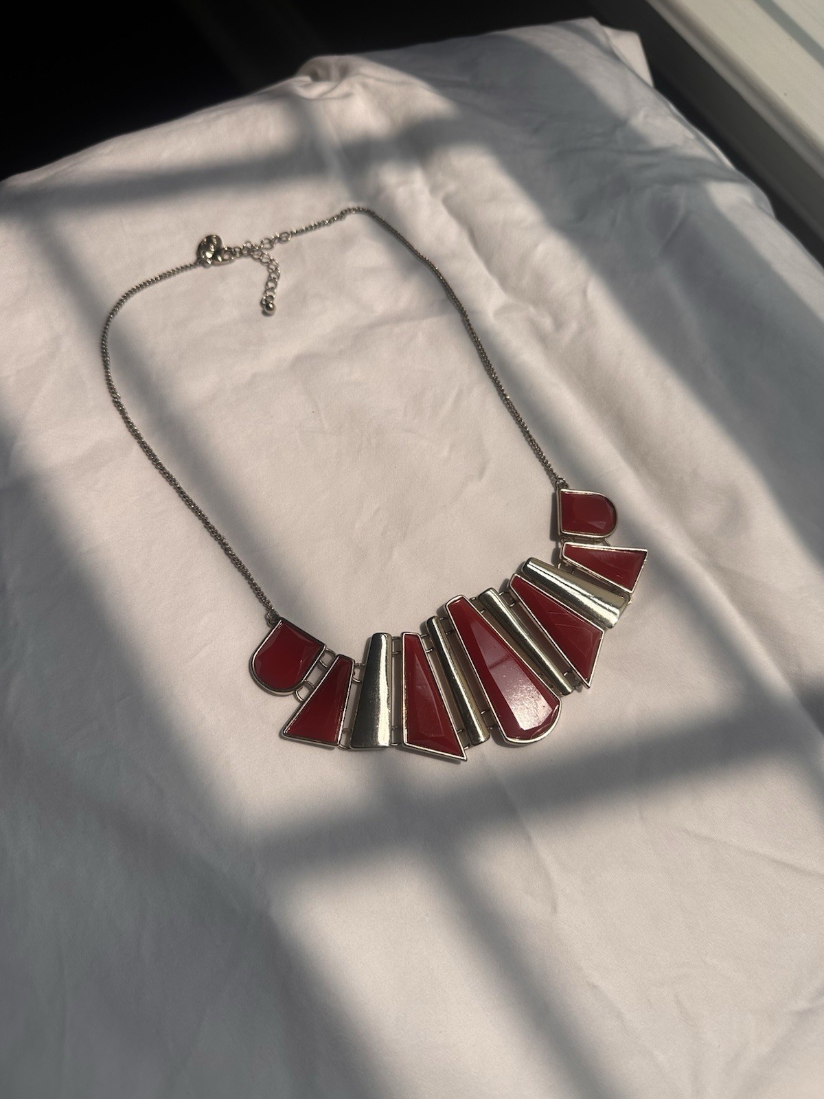 Silver & Gold Red Asymmetrical Pendant Statement Cable Chain Necklace Lobster