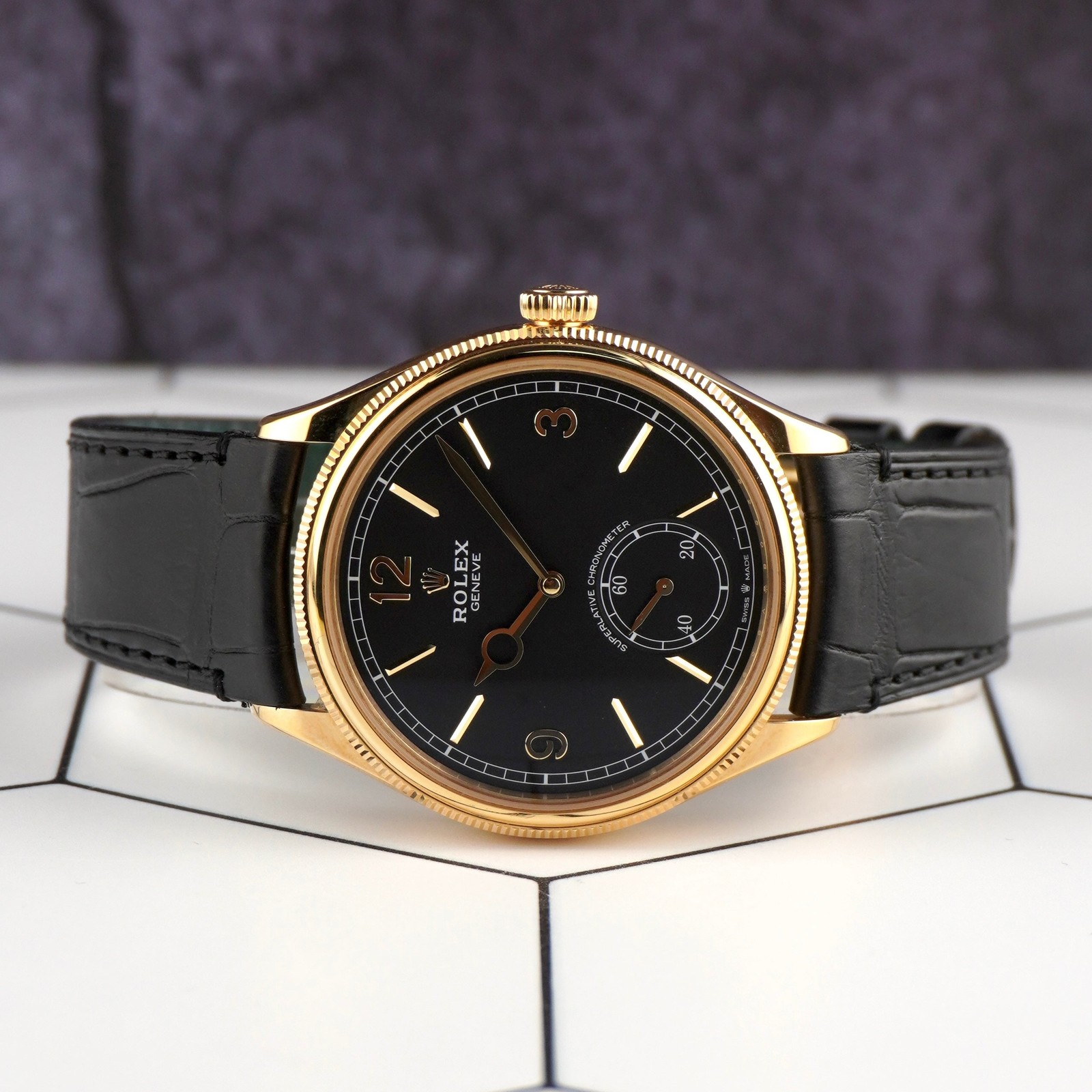 Rolex 1908 39mm Yellow Gold Black Dial Leather Band Men’s Watch 52508