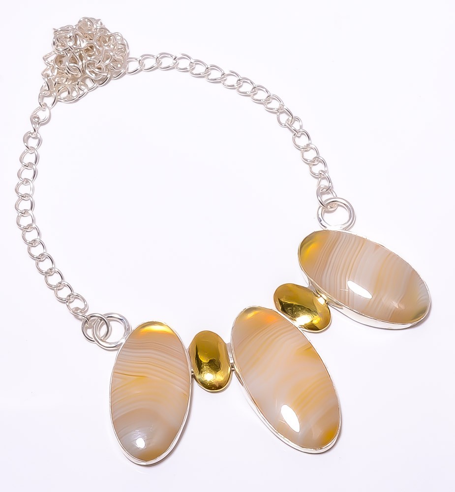 Yellow Lace Agate 925 Sterling Silver Two Tone Handmade Necklace 16.17.99″ A369