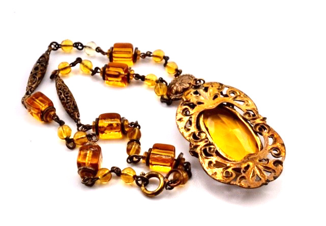 Antique Czech Necklace / Choker with Amber Colored Glass and White Enamel Accent