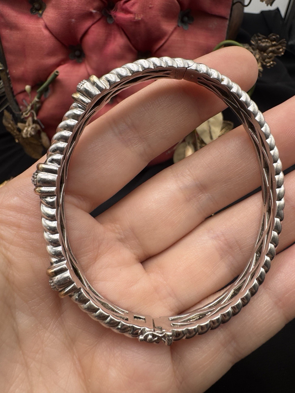 Alwand Vahan 925 Sterling Silver 14k Gold Diamond Hinged Bangle 7 Heavy 36g