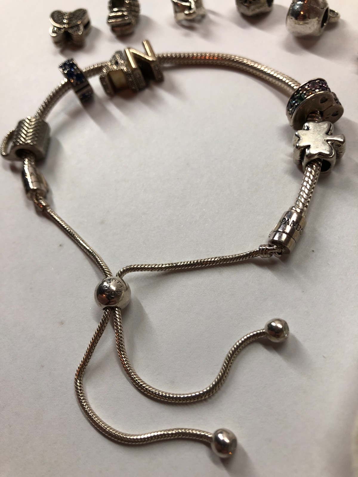 Pandora Snake Chain Slider Bracelet With Various Charms Initials N & A Carry Bag