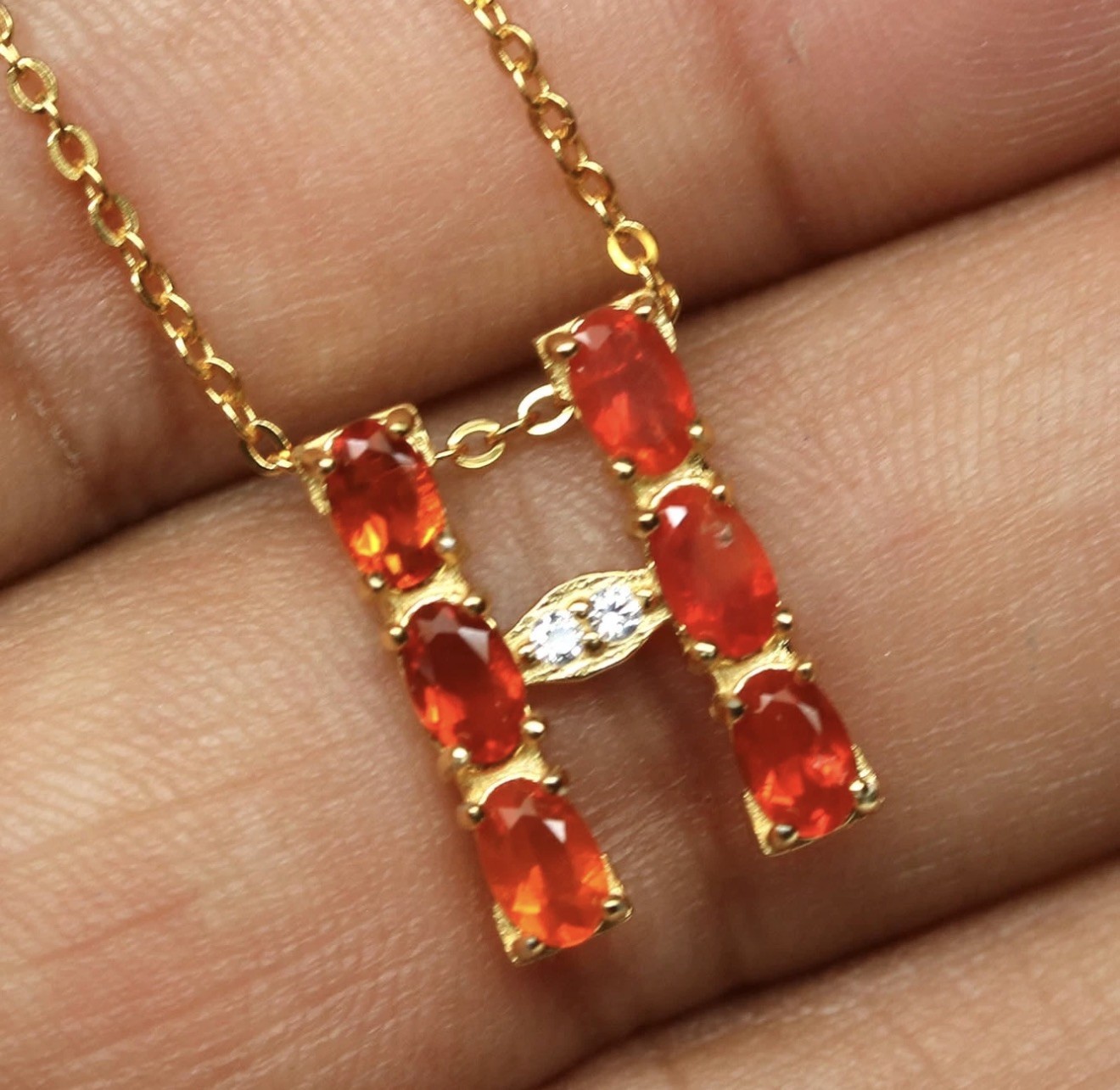 Natural Orange Fire Opal Initial “H” Pendant Necklace 18K Gold over 925 SS 20 in