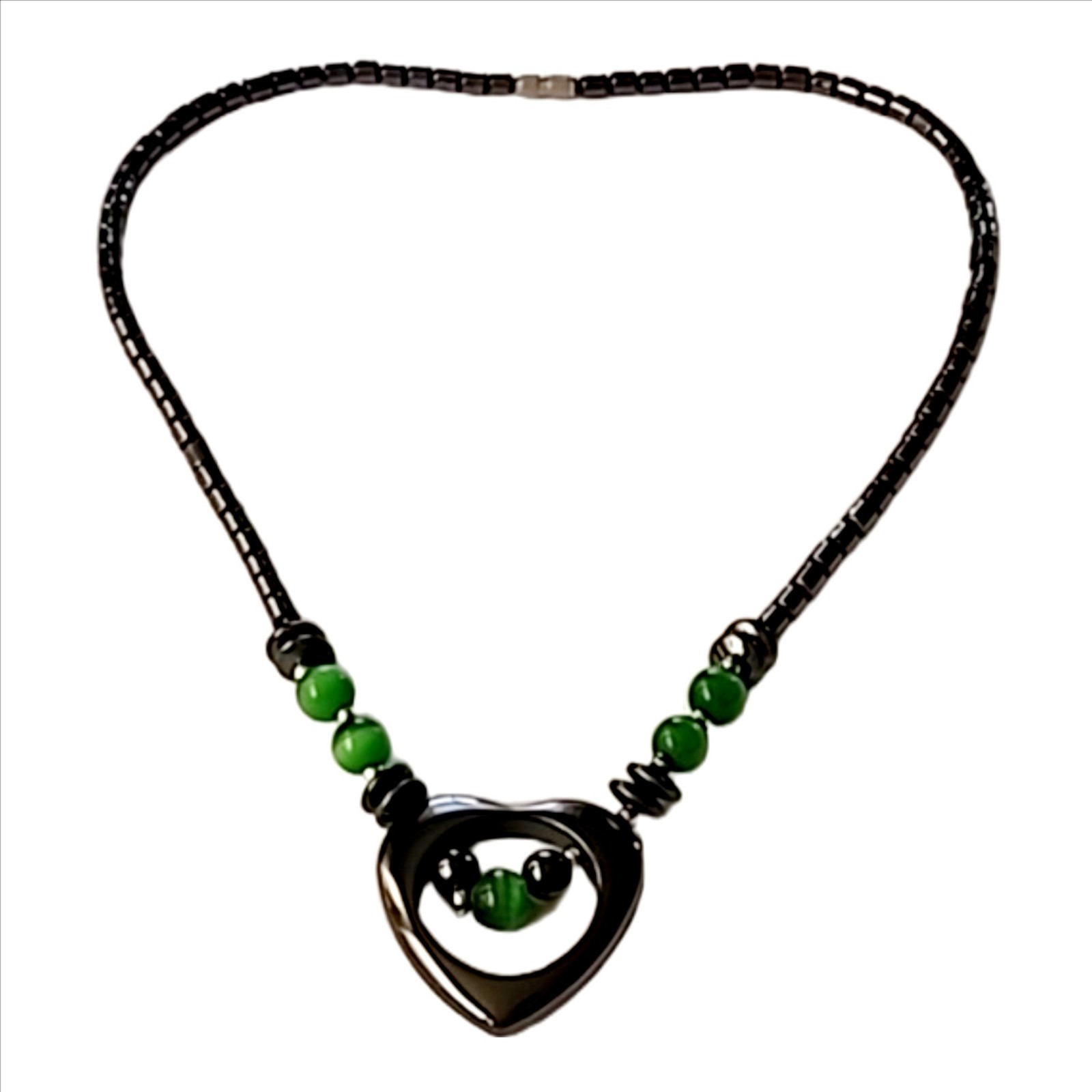 Handmade Hematite and Green Glass Pendant Heart Necklace Lenghth 18″