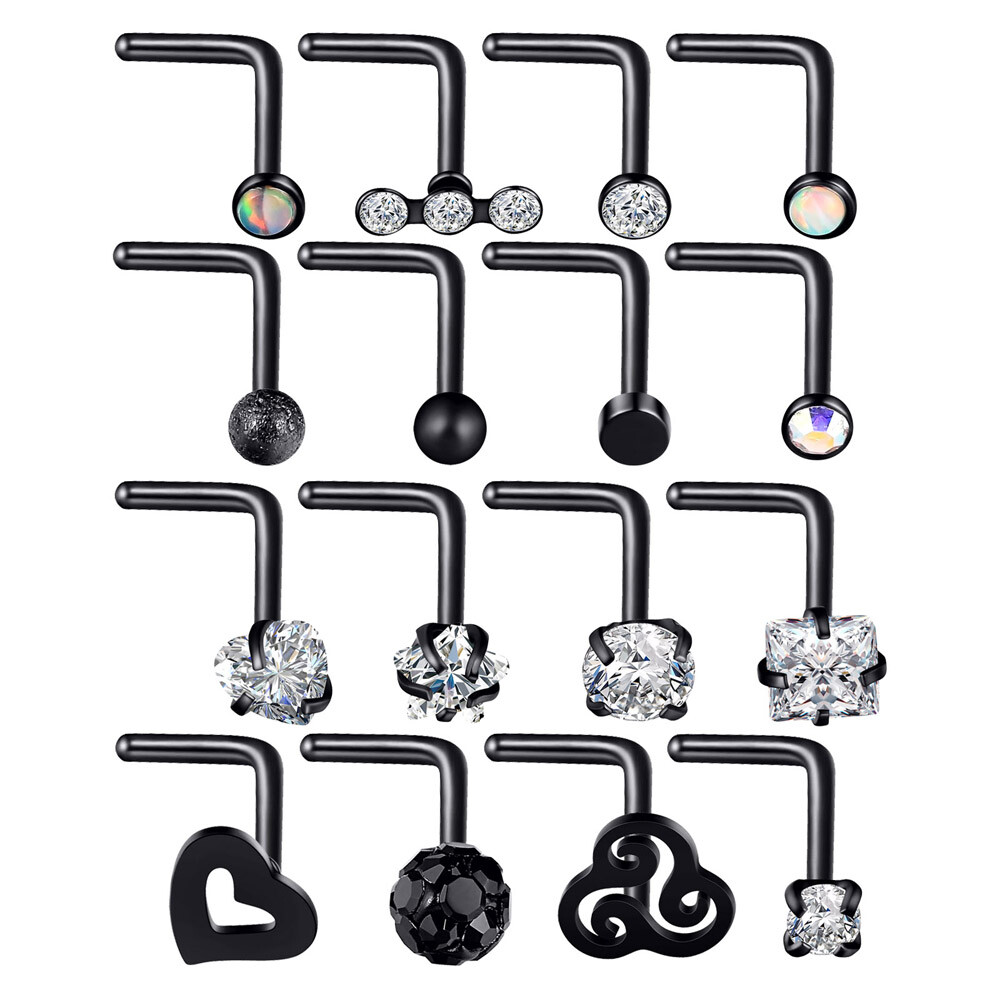 16Pcs Curved Nose Stud Surgical Steel Nose Ring Crystal L Bend Stud Piercing 20G