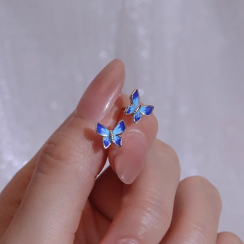 Women 925 Sterling Silver Blue Enamel Butterfly Stud Post Earrings Gift F29
