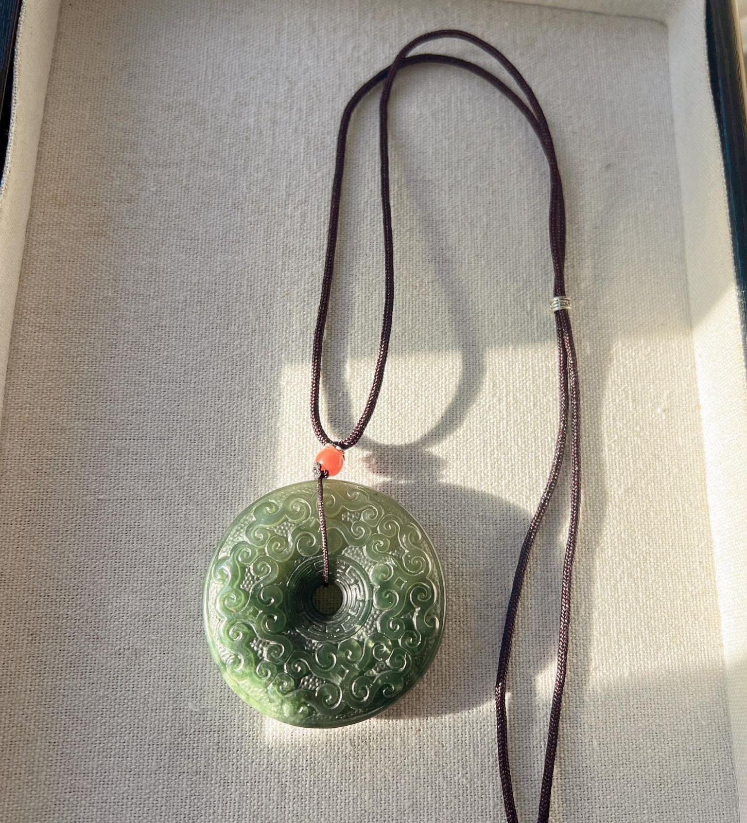 Certified Natural Hetian Green Jade Carved Big Round Pendant Necklace