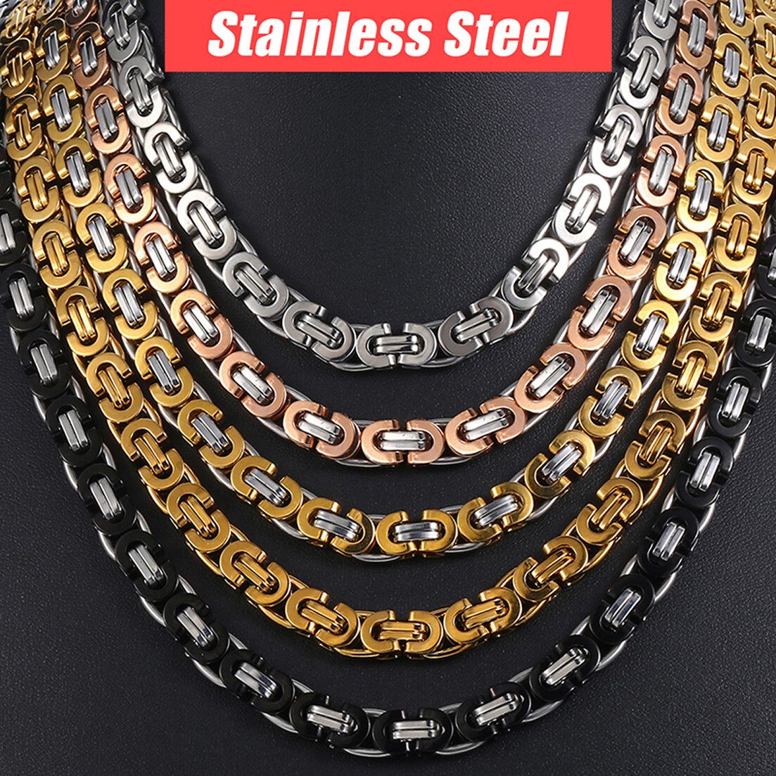 6/8/11mm Fashion Stainless Steel Womens Men Chain Flat Byzantine Necklace 7″-40″