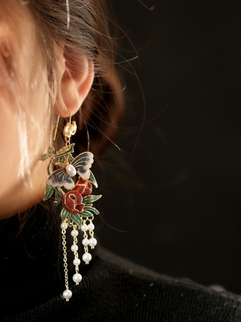 Vintage Court Enamel Butterfly Earrings Tassel Pearl Hanfu Qipao Ear Drops
