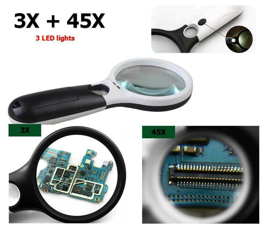 45X Magnifying Glass Handheld Magnifier 3 LED LightJewelry Reading Lens Loupe