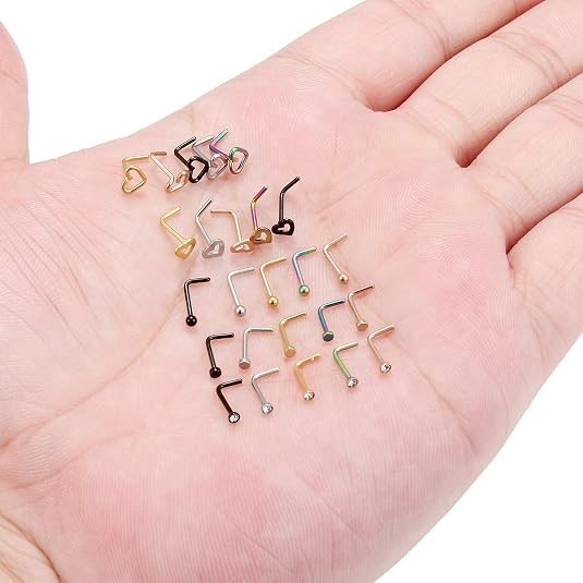 16pcs/lot CZ Surgical Steel Nose Rings L Shaped Stud Body Piercing Jewelry 20G