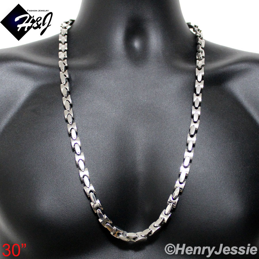 18″-40″MEN Stainless Steel HEAVY 8mm Silver Interlock Bones Link Chain Necklace
