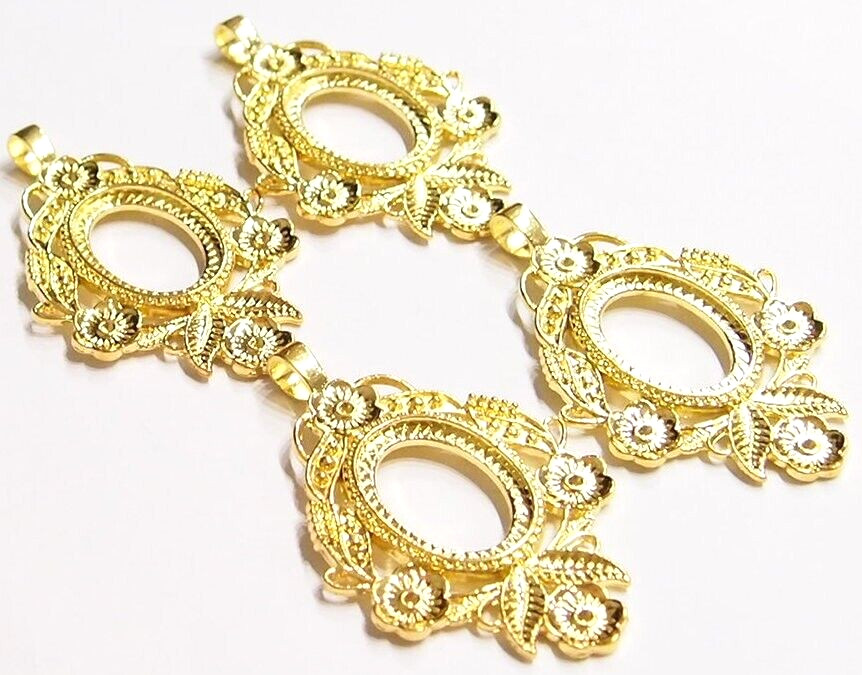 4 of 30x22mm Shiny Gold Flower and Leaf Pendant Settings, For Cameos, Cabs Glass