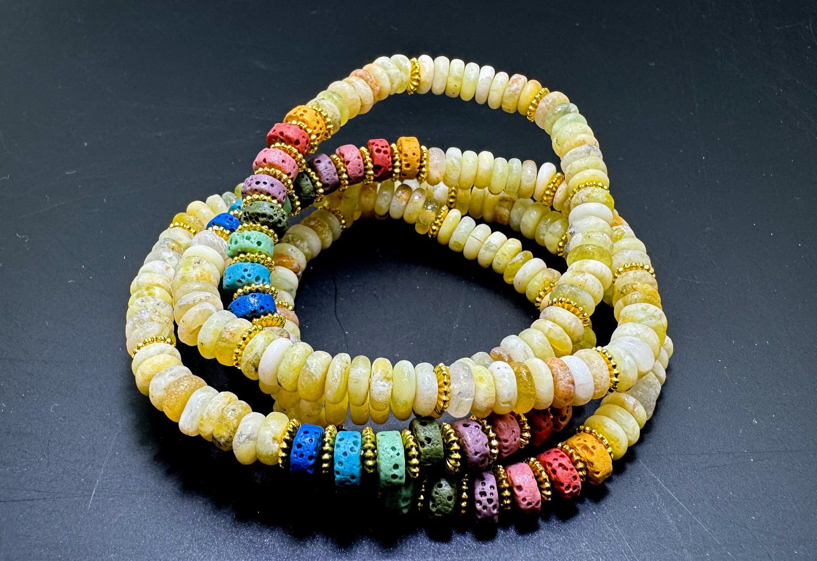 6.5″ Yellow Jade & Chakra Lava Rock Bracelet – Handmade Elastic Cord, 6mm